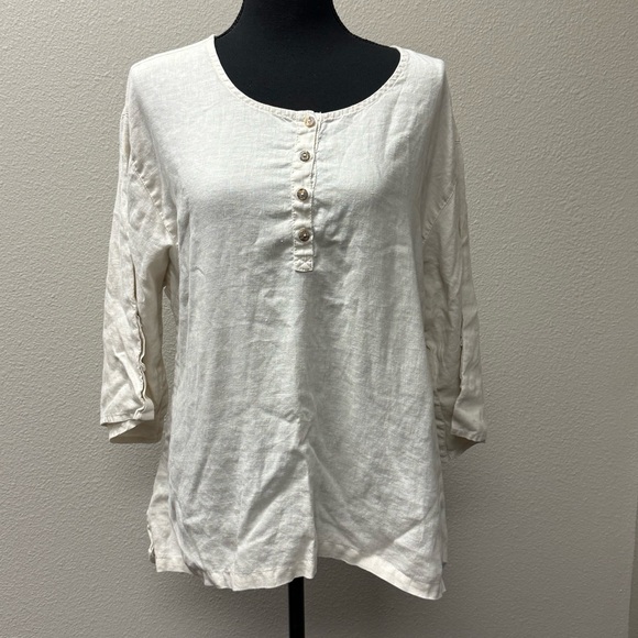Click Linen Cream Henley Button Boho Tunic Top Medium - Picture 2 of 9